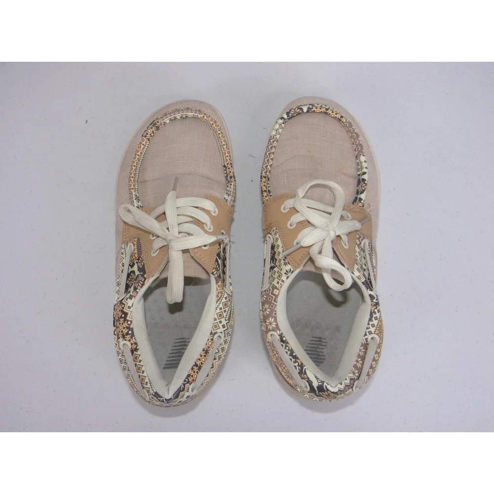 Womens Boat Shoes Tan Canvas Geometric Pattern Trim Moccasins 3771